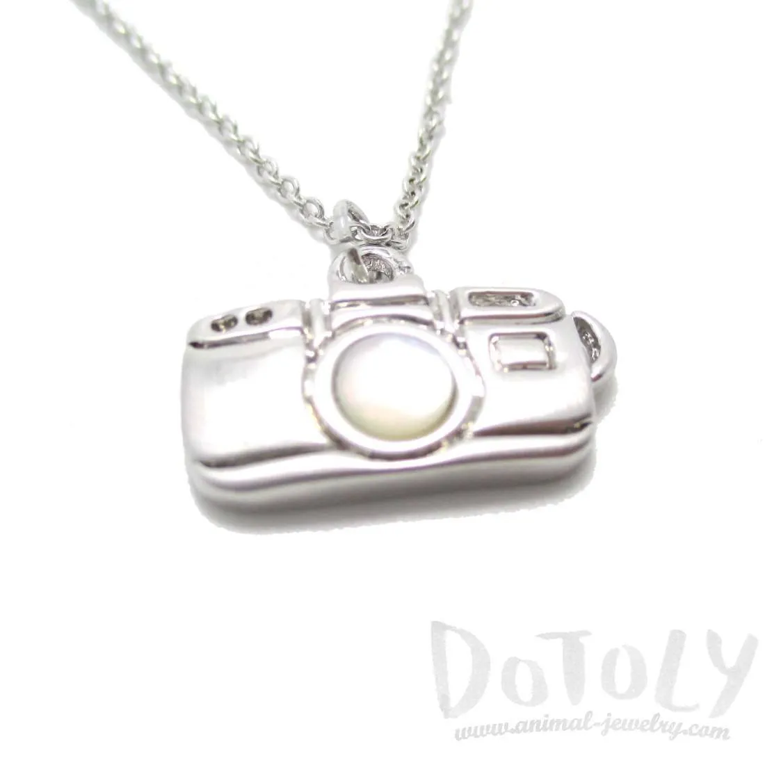 Small Camera Shaped Pearl Lens Pendant Necklace in Silver | DOTOLY