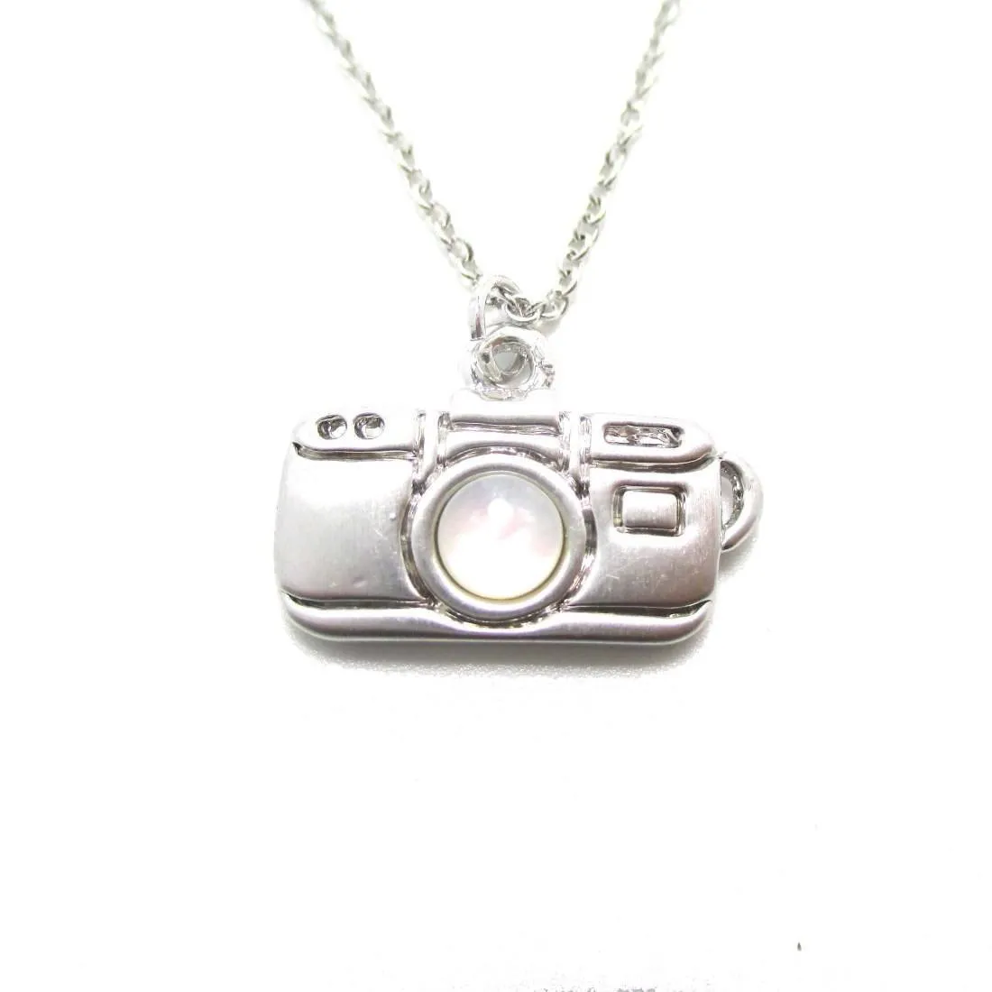 Small Camera Shaped Pearl Lens Pendant Necklace in Silver | DOTOLY