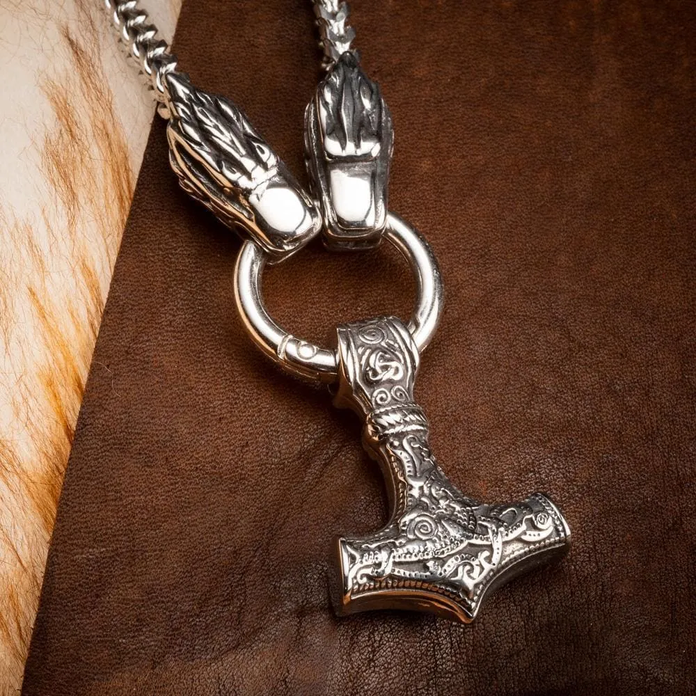 Stainless Steel Wolf Head Kings Chain With Mjolnir, Bear Paw or Fenrir Pendant