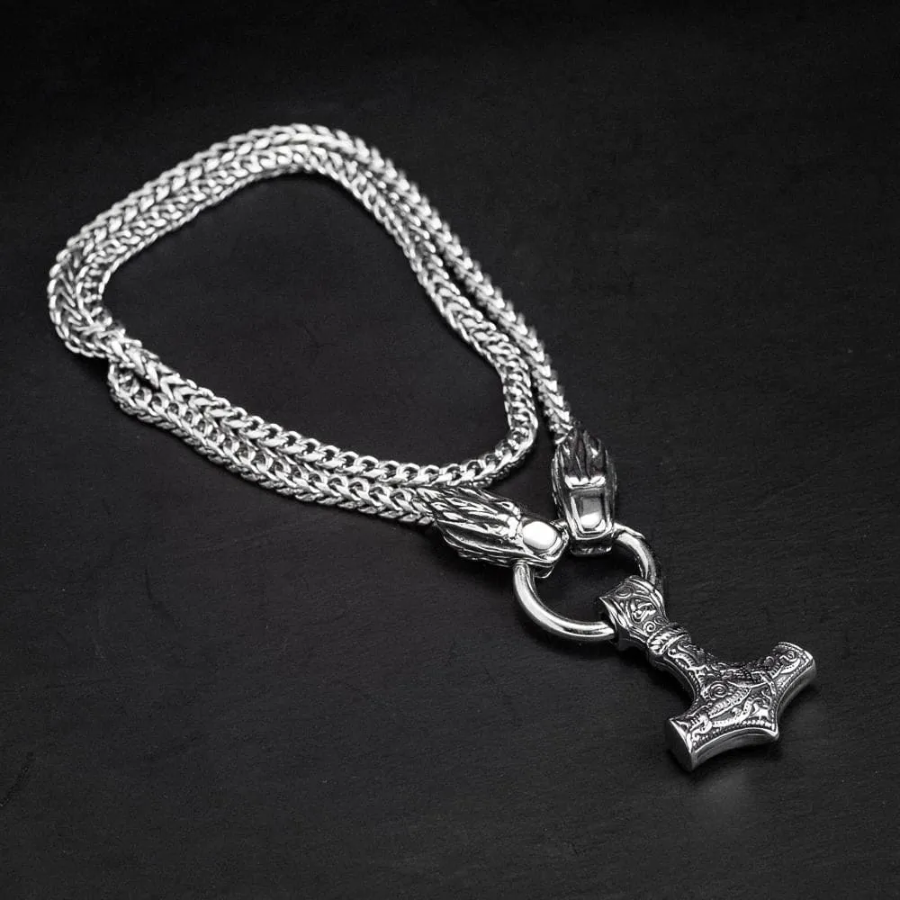 Stainless Steel Wolf Head Kings Chain With Mjolnir, Bear Paw or Fenrir Pendant