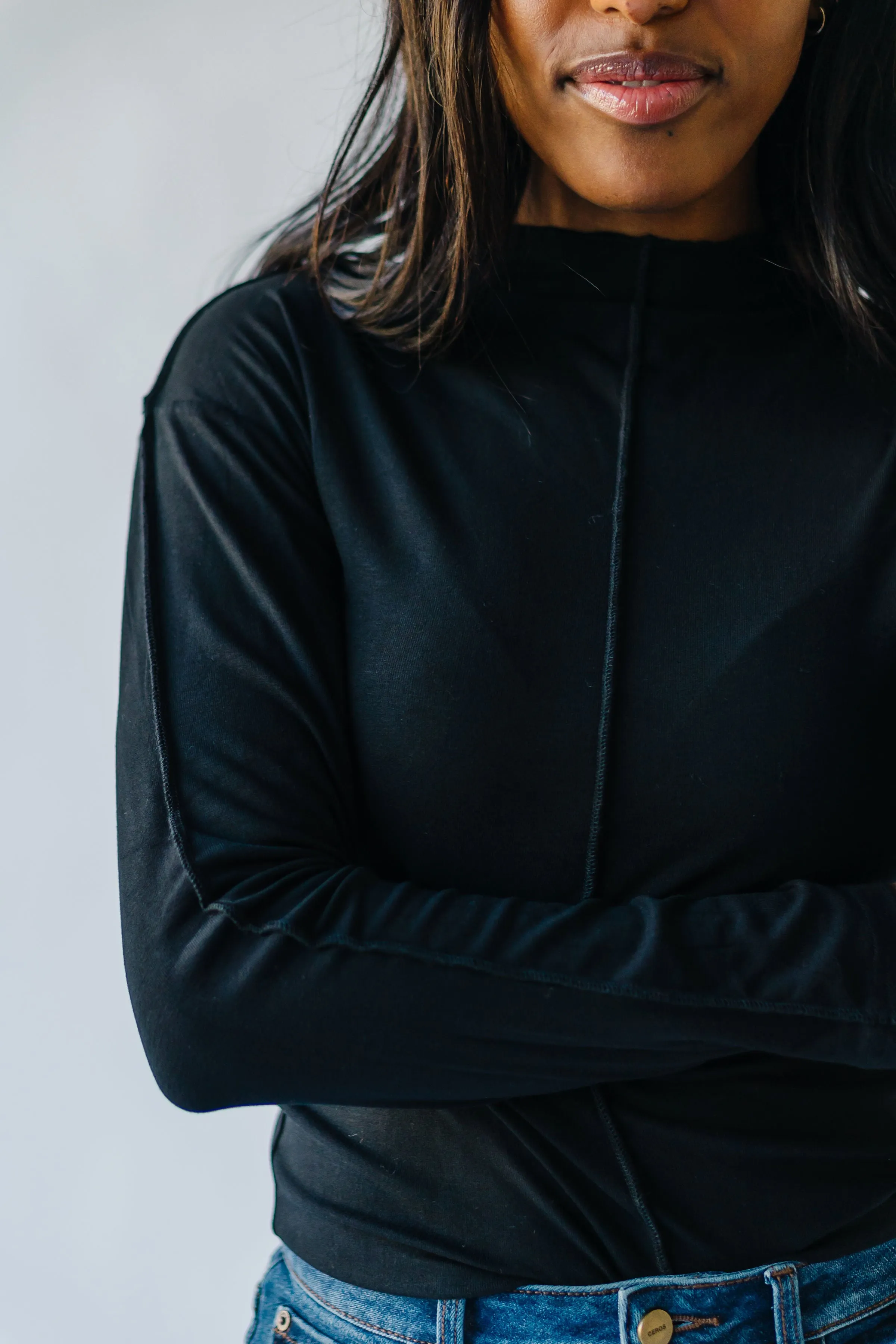 The Aida Stitch Detail Long Sleeve Top in Black