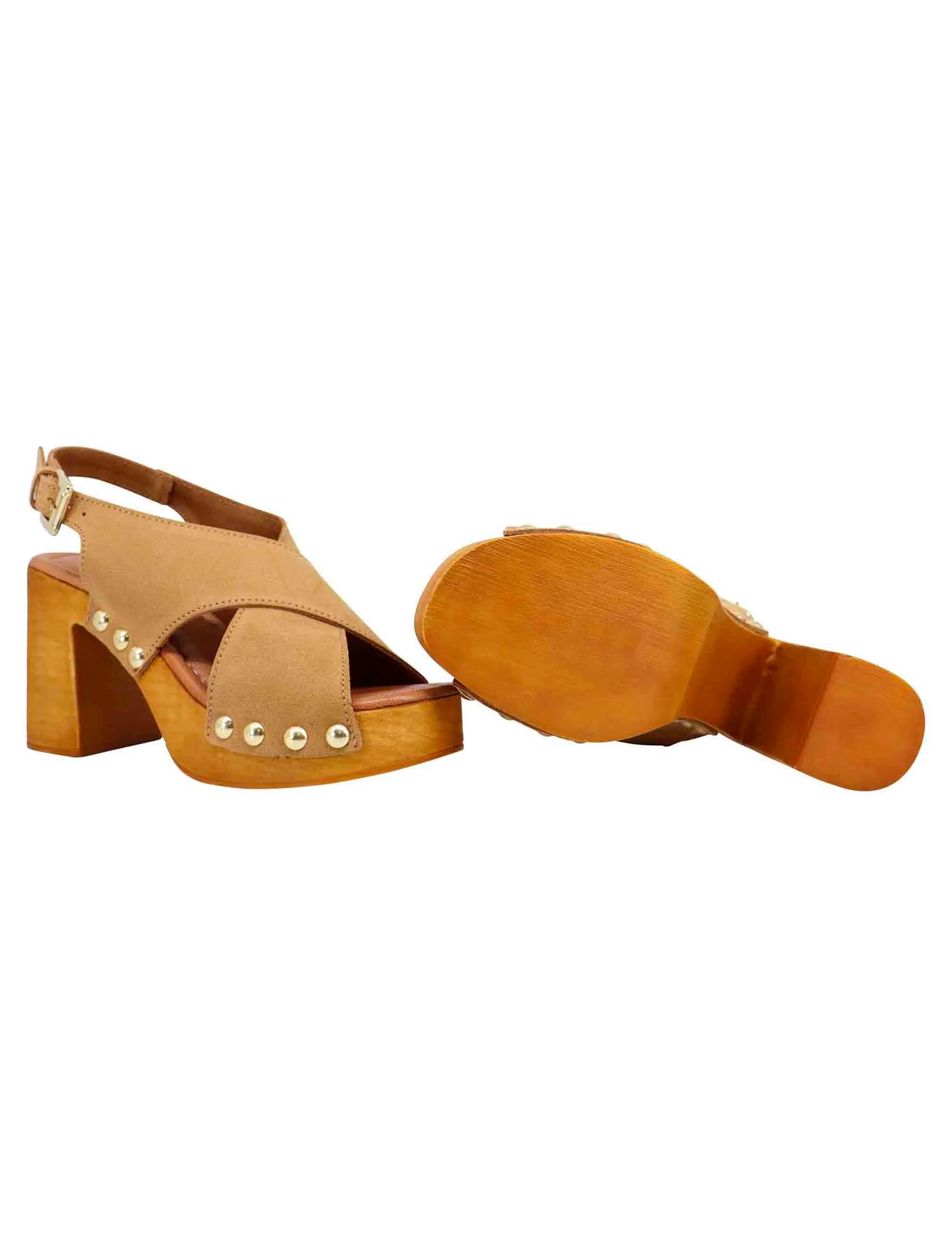 Zoccoli slingback donna in camoscio beige con fibbie oro e tacco alto